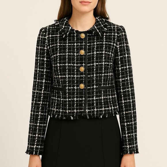 Walter Baker Women's Frayed Hem Tweed Blazer Metallic Threads Gold Button XS - Picture 1 of 9